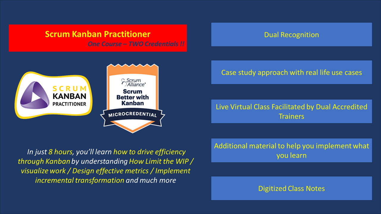 A dual recognized course where just in just 8 hours, you’ll learn how to drive efficiency through Kanban by understanding How Limit the WIP / visualize work / Design effective metrics / Implement incremental transformation and much more. Key highlights are- Dual Credentials - Scrum with Kanban Micro credential by Scrum Alliance and Scrum Kanban Practitioner by Kanban university - Hands-on Case-study approach - Dual Accredited Trainer - Loads of additional material