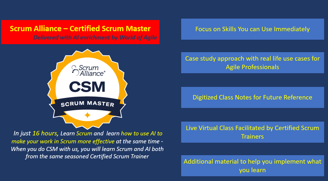 Certified Scrum Master certification or CSM Certification by Scrum Alliance is the world's most popular scum agile certification. This page gives information CSM and how Amit or Snehamayee deliver their CSM class with AI enrichment