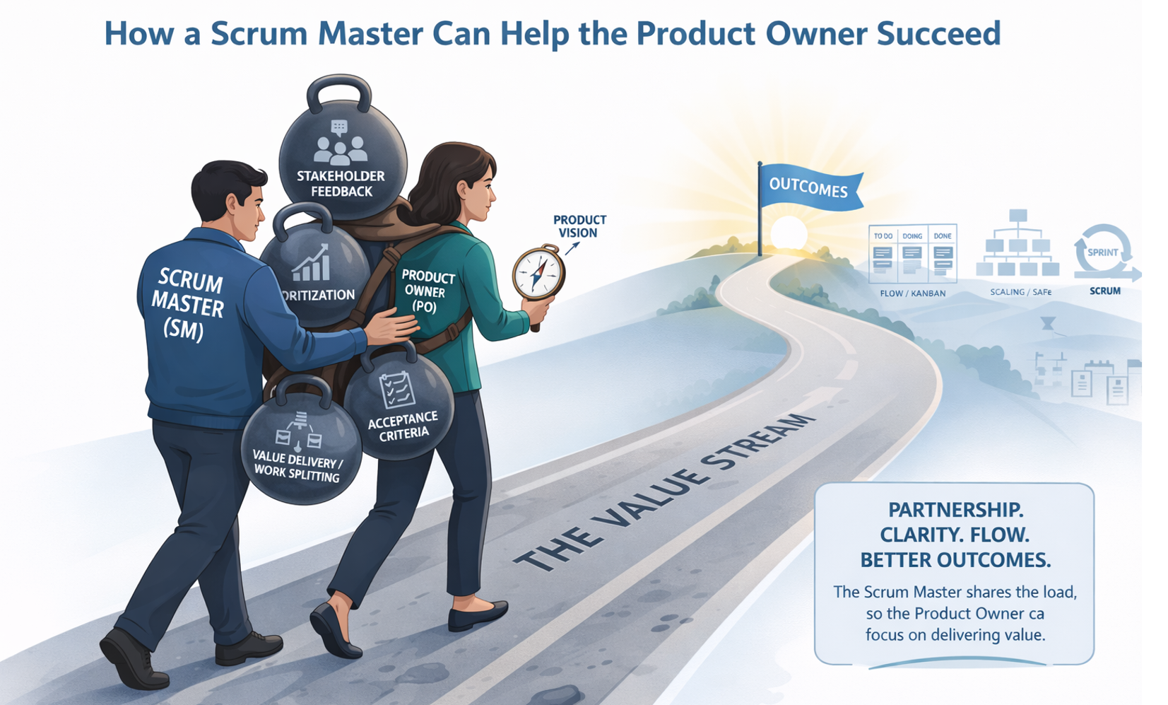 Discover How a Scrum Master Can Help the Product Owner to succeed.Product Owners face complex decisions daily. Get some practical tips on how Scrum Masters elevate Product Owners. Learn how Scrum Masters empower Product Owners to move from reactive execution to value-driven delivery through coaching, flow practices, and better stakeholder collaboration.