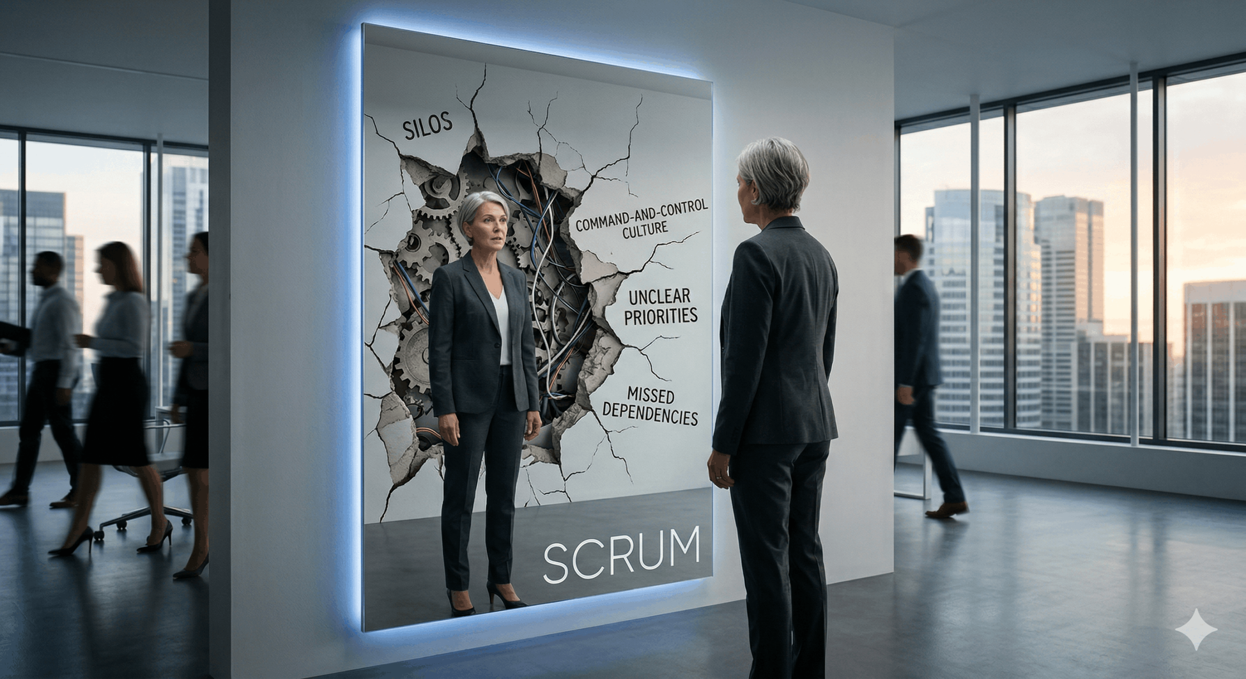 "Conceptual image of a business leader looking into a 'Scrum Mirror' that reveals hidden organizational cracks, silos, and leadership issues."